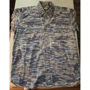 Cabelas Polo Shirt Mens Medium Blue Short Sleeve‎ Shark Print
